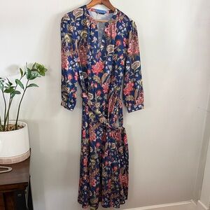 J. McLaughlin Navy Floral Long Sleeve Midi Dress with Waist Tie